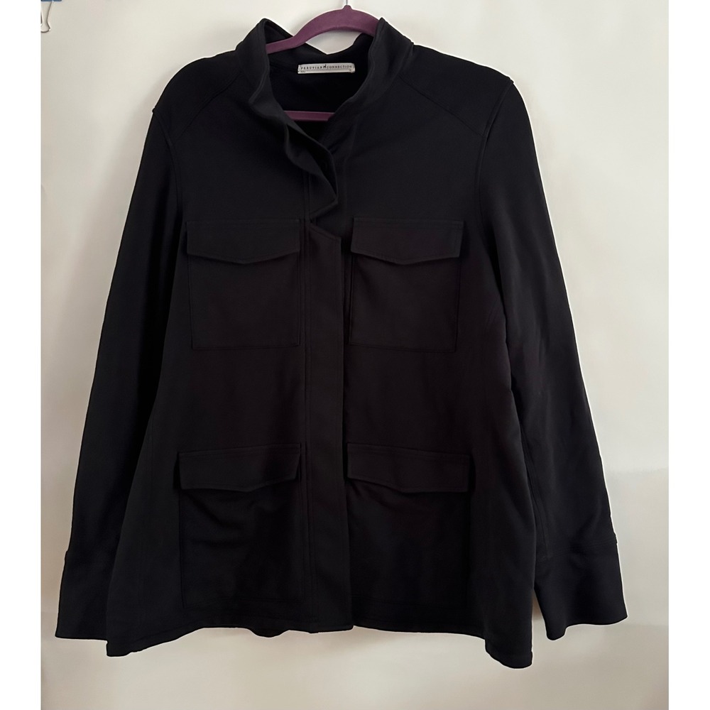 Peruvian Connection Black Cotton Jersey Utility Jacket XL Mock Neck 4-Pocket